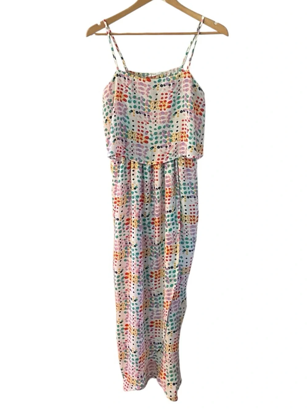 C50- Sleeveless White Multicolor Dot Print Maxi Dress